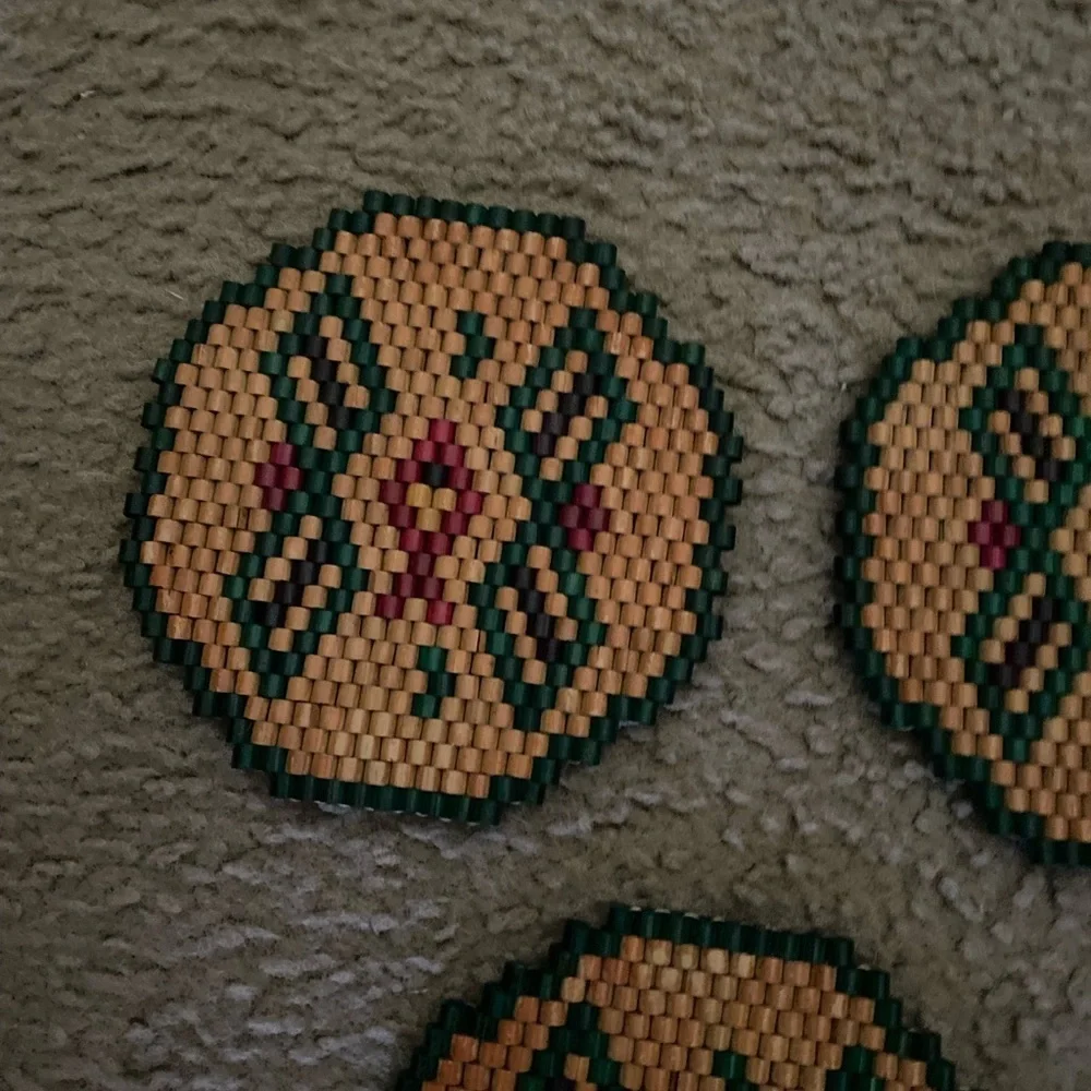 Vintage Set Of 3 Wooden Beaded Geometric Patterned Trivets For Hot Cookware 6in